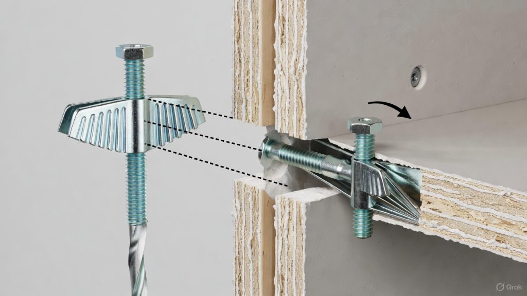 Fixation cheville Molly sur cloison BA13 montrant le perçage, l’expansion de la cheville et un objet solidement fixé au mur