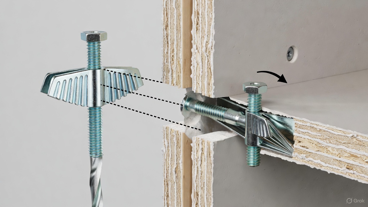 Fixation cheville Molly sur cloison BA13 montrant le perçage, l’expansion de la cheville et un objet solidement fixé au mur