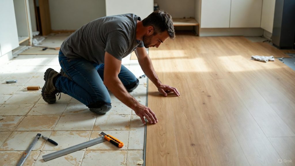 Bricoleur posant un revêtement vinyle imitation bois sur un ancien carrelage de cuisine pour une rénovation pas chère et rapide