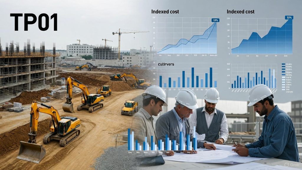 Illustration représentant un chantier de travaux publics avec graphiques d’évolution des coûts pour expliquer le fonctionnement de l’indice TP01 et la révision de prix