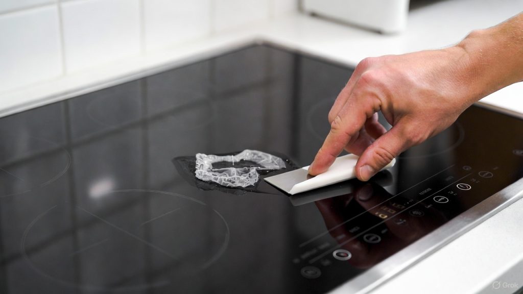 Personne retirant du plastique fondu d’une plaque de cuisson avec un grattoir adapté.