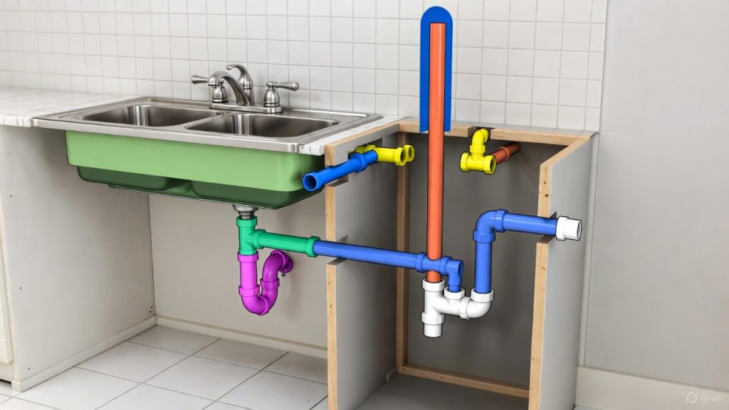 Schéma pédagogique de l’évacuation d’un évier et lave-vaisselle avec siphon, tuyaux PVC, boucle haute anti-refoulement et raccords, installation maison moderne.