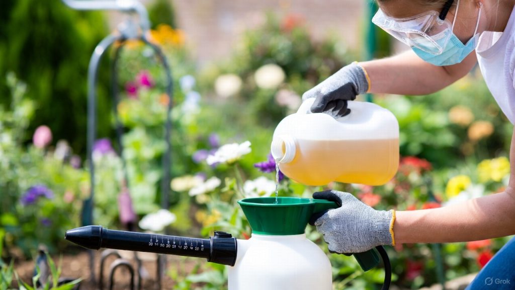 Illustration montrant la préparation sécurisée d’un herbicide et les alternatives naturelles comme le paillage et les outils manuels dans un jardin