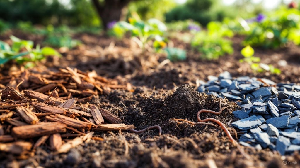 Alternatives à la pouzzolane en paillage de jardin, avec écorce, copeaux de bois et graviers, montrant différents matériaux naturels pour protéger et enrichir le sol.