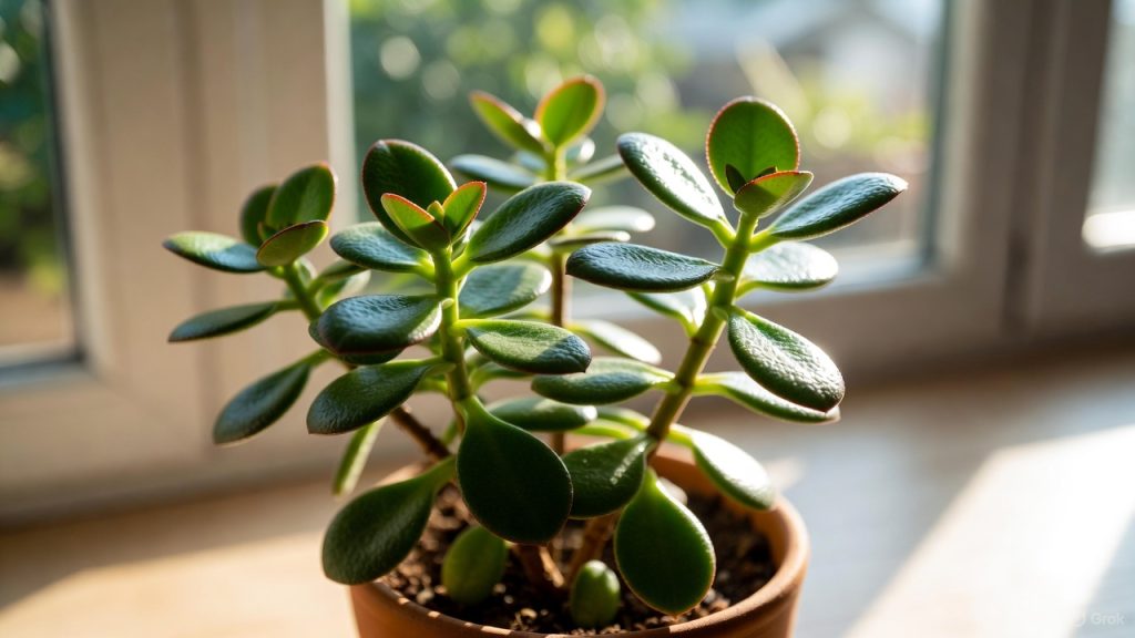 Arbre de jade en pot sur un bureau lumineux, avec des feuilles vertes charnues et bordures rouges, dans un intérieur moderne et lumineux.