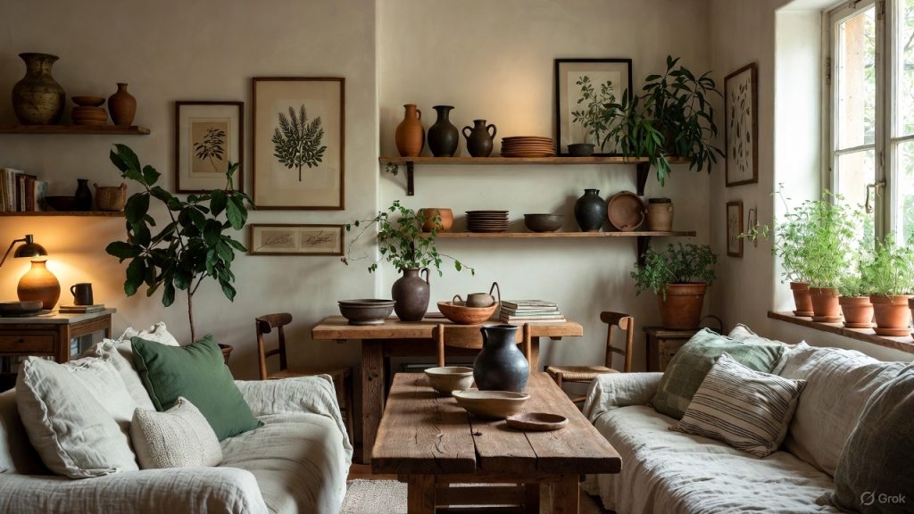 Décoration intérieure slow design inspirée de Beau Beau Blog, avec meubles en bois naturel, textile en lin, éléments vintage et ambiance chaleureuse aux tons verts et terre.