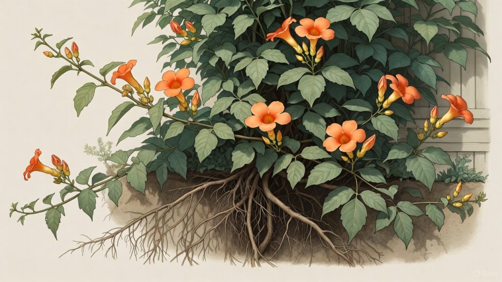 Bignone grimpante avec fleurs oranges et feuillage dense, montrant ses racines traçantes et son impact potentiel sur les murs et structures du jardin.