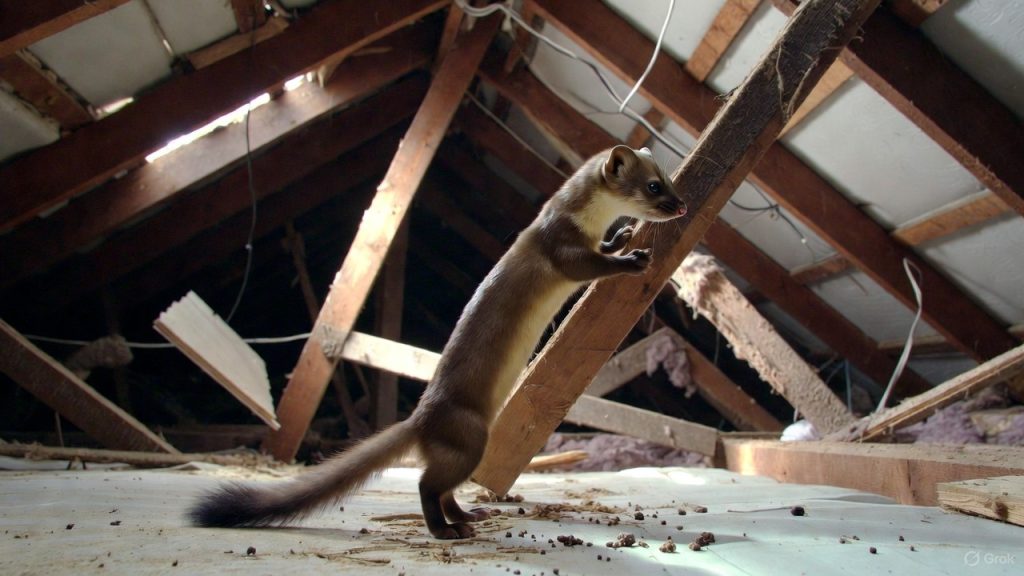 Fouine grimpant dans un grenier avec isolation et câbles endommagés, laissant des crottes et traces, illustrant les dégâts possibles dans une maison.
