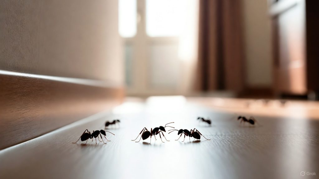 Photo d’une petite bête noire marchant sur le sol d’une maison près d’une plinthe, illustrant un guide complet pour identifier et éliminer les insectes domestiques.