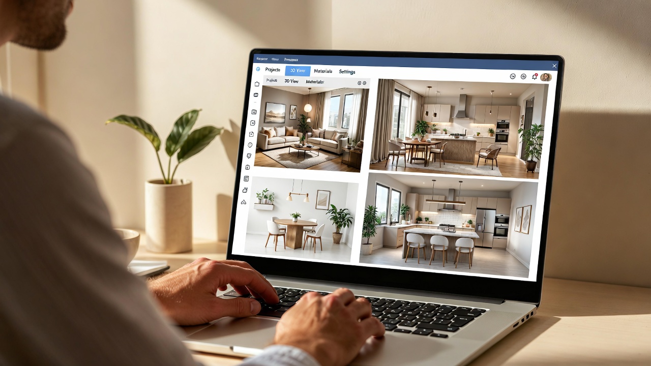 Architecte d’intérieur en ligne utilisant la plateforme TooPlans sur ordinateur, avec plans 3D et projet d’aménagement intérieur, illustrant la question d’un service gratuit ou payant.
