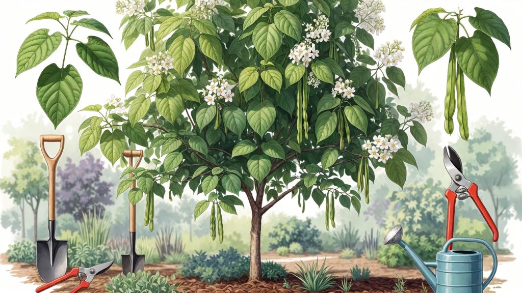 Arbre catalpa avec ses feuilles, fleurs et gousses, illustrant la plantation, l’entretien et la taille de l’arbre aux haricots