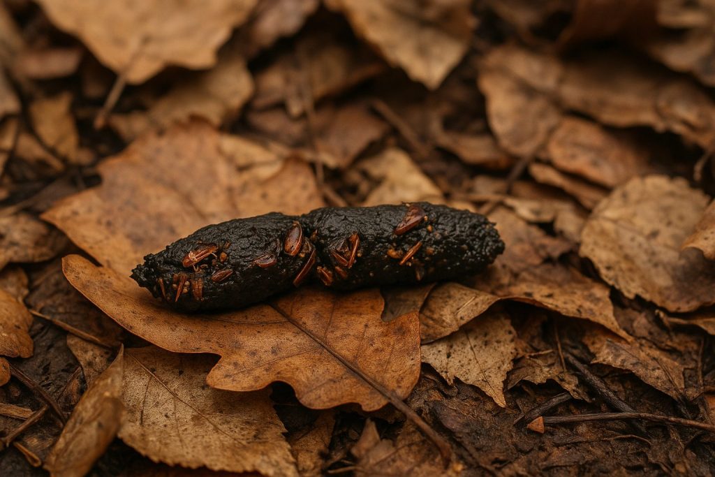 Crotte de hérisson posée sur des feuilles mortes, caractérisée par une forme allongée et des restes d’insectes visibles.