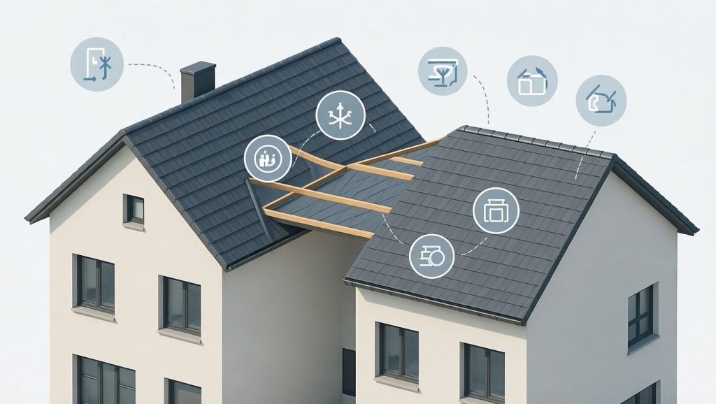 Schéma explicatif d’une toiture commune sans copropriété montrant les droits et obligations des propriétaires, les travaux possibles et la répartition des frais entre voisins.