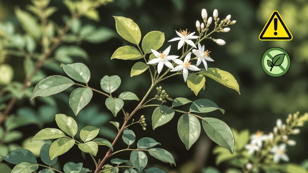 Oranger du Mexique illustré avec une mise en garde sur sa toxicité potentielle, les symptômes possibles et les précautions à prendre.