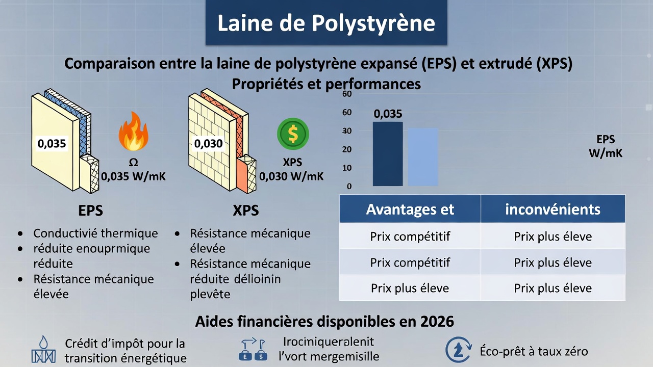 Illustration comparant l’isolation en polystyrène PSE et XPS avec les performances thermiques, les épaisseurs, les prix et les aides en 2026.